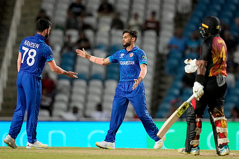 Naveen-ul-Haq celebrates Tony Ura's wicket